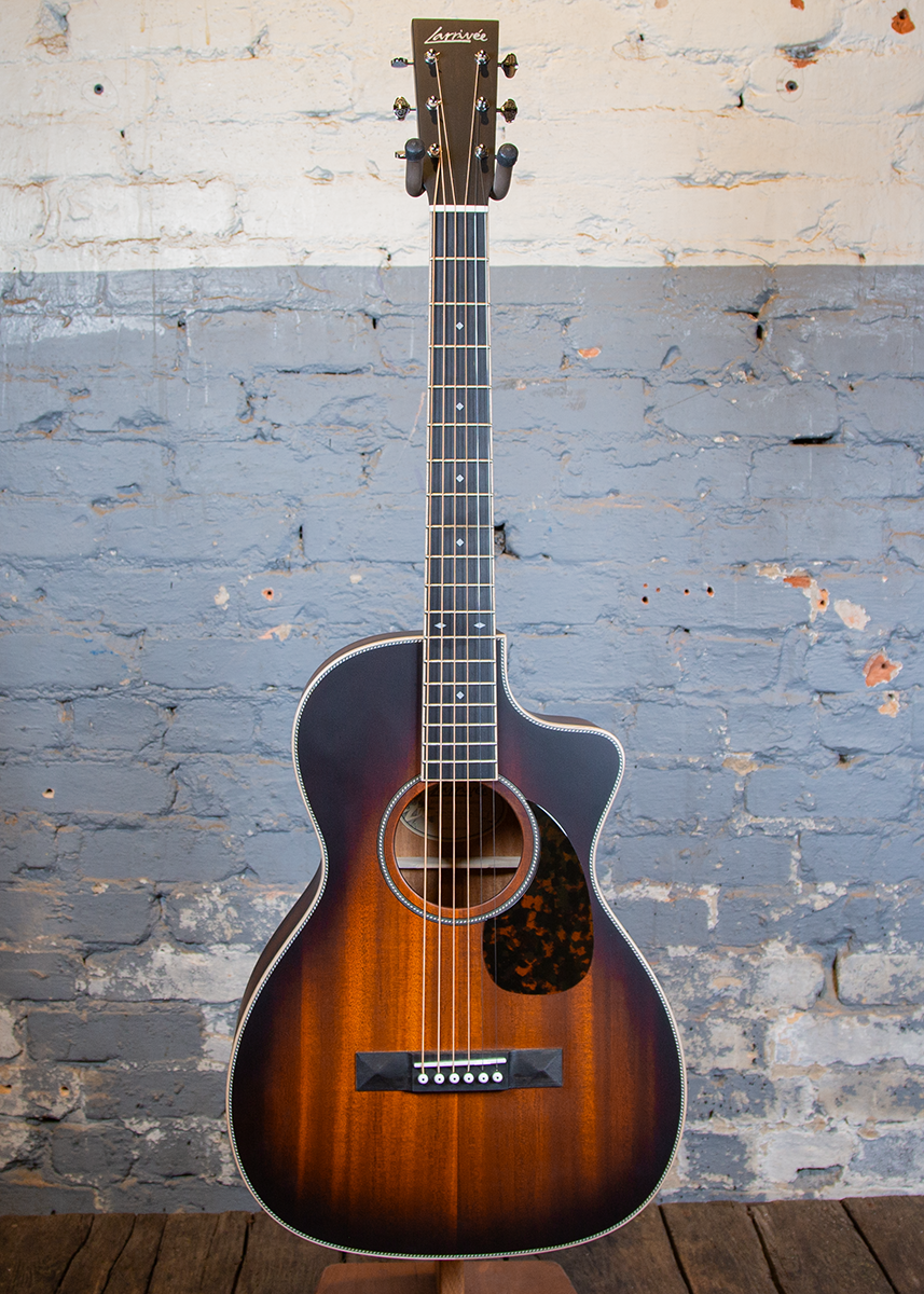 Larrivee Guitars: 00V-40 Mahogany Top, Vintage Burst & Pyramid Bridge